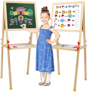 KAVAVO Caballete de madera para niños con letras magnéticas, caballete de pie ajustable, pizarra blanca de dibujo de doble cara, utilizado para la educación temprana. - Arteztik