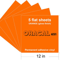 Láminas de vinilo naranja Oracal 651, paquete de 5, 12 x 12 pulgadas, color naranja brillante, con adhesivo permanente para letras interiores/exteriores, marcado, decoración, calcomanías de coche, gráficos de ventanas, para crickut, silueta. - Arteztik