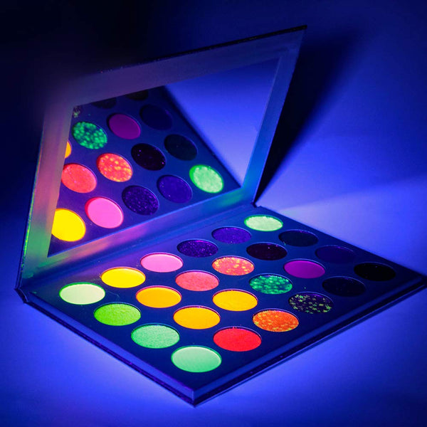 Eyeshadow Palette Glow in the Dark Pigment Neon Glow Paint Eyeshadow Set with UV Black Light Reflective Wall Paint – 24 Colors Kit – High Pigmentation, Makeup Kit UV Glow Blacklight Matte and Glitter (24 Color) - Arteztik
