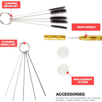 Pixiss Kit de limpieza para aerógrafo, tarro de cristal con soporte, 5 agujas de limpieza, 5 cepillos de limpieza, 1 aguja de lavado, 2 filtros adicionales - Arteztik
