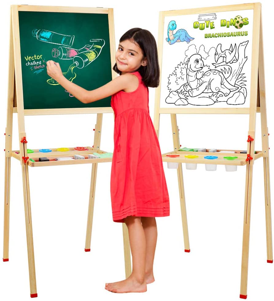 KAVAVO Caballete de madera para niños con letras magnéticas, caballete de pie ajustable, pizarra blanca de dibujo de doble cara, utilizado para la educación temprana. - Arteztik