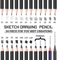 Lápices de dibujo premium – 24 piezas profesionales juego de lápices incluye grafito, carbón y lápices de borrador (7H-14B), lápices de grafito sombreado para artistas adultos y niños, bocetos - Arteztik
