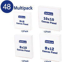 Zacklla Painting Canvas Panels Multi Pack, 8x8", 8x10", 10x10", 9x12" Set de 48, Canvas Boards for Painting - Arteztik