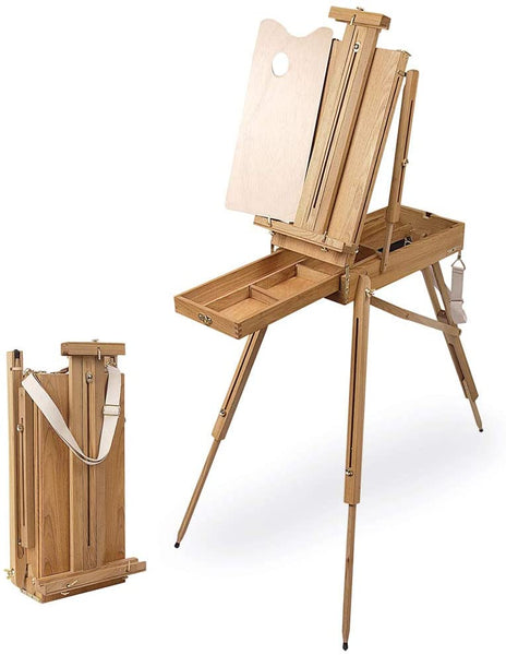 Creative Mark Cezanne - Caballete para artista francés, con cajón de caja de bocetos, clips de transporte de lona, herrajes chapados en latón, perfecto para pintura al aire y dibujo, madera de olmo engrasada - Arteztik