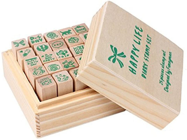 Minijuego de sellos de madera Yansanido, 12 unidades, para hacer bricolaje, con caja de madera - Arteztik