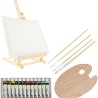 US Art Supply® Juego de caballete de mesa de estudio de madera y caja de pintura con 12 colores de pintura, paneles de lienzo, pinceles, paleta de plástico (kit de pintura de aceite) - Arteztik