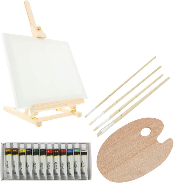 US Art Supply® Juego de caballete de mesa de estudio de madera y caja de pintura con 12 colores de pintura, paneles de lienzo, pinceles, paleta de plástico (kit de pintura de aceite) - Arteztik