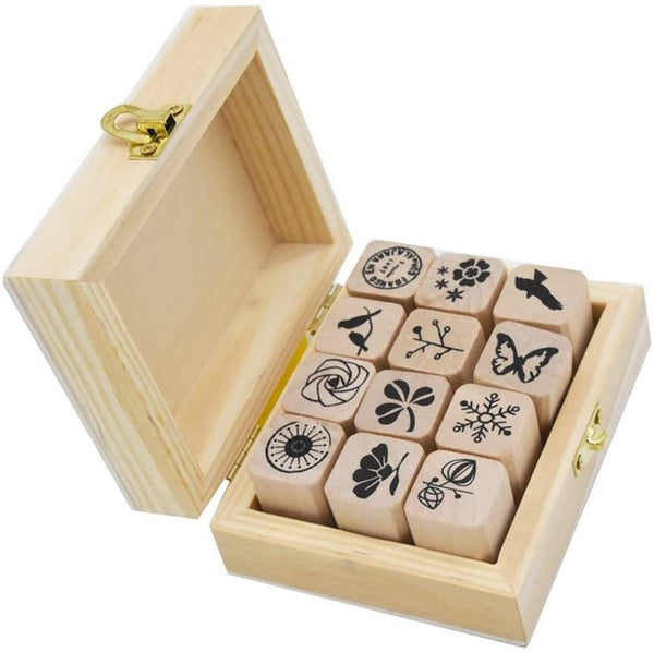 Youkwer - Juego de 12 sellos de madera con caja de madera, S - Arteztik