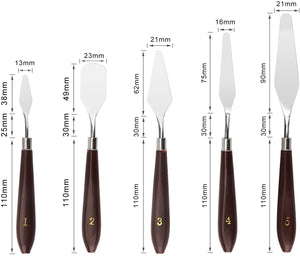 DROK 5pcs Espátula de pintura (Acero Inoxidable, Mango de madera Paleta Pintura cuchillo Set, Acuarela Pintura Acrílica Espátula, herramientas de metal Art, aceite pintura accesorios para mezcla de colores - Arteztik
