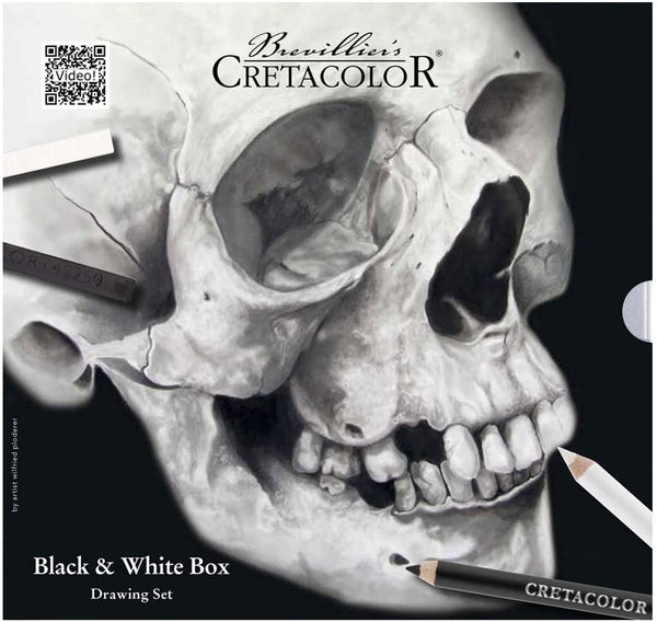 Cretacolor - Juego de lata de dibujo con forma de calavera (25 piezas, incluye materiales de dibujo), color blanco y negro - Arteztik