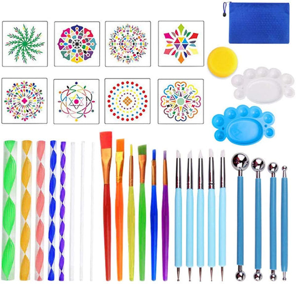 LSLZH - Juego de 35 herramientas de punteado de mandala para pintura, pinceles, bandeja de pintura para arte y pintura, herramientas de pintura, lápiz táctil, lienzo, manualidades, dibujo, suministros de rocking, coloración - Arteztik