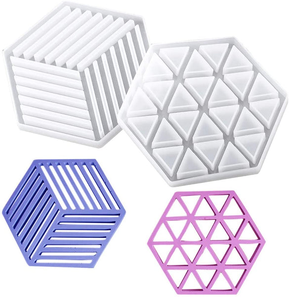 BoomYou - Juego de 2 moldes de silicona epoxi para posavasos, moldes hexagonales triangulares para fundición con resina cemento de hormigón decoración del hogar – Triángulo de rayas y hexágono - Arteztik