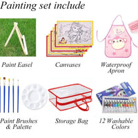 Kaorary - Juego de pintura infantil para niñas, incluye 1 bolsa de almacenamiento, 12 pinturas lavables, 1 caballete de pintura libre de arañazos, 6 lienzos, 6 pinceles de pintura, 1 paleta y 1 delantal impermeable - Arteztik