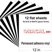 Gloss Oracal 651 Hojas de vinilo, 12 unidades 12 "x12" negro y blanco (acabado brillante) permanente adhesivo con reverso de hojas de vinilo, para interior/exterior marcado, letras, decoración, gráficos de ventana, pegatinas de coche, - Arteztik