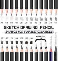 Sketching Pencil Set - 24 Pieces Drawing Sketch Pencil HB,B,2B,3B,4B,5B,6B,7B,8B,10B,12B,14B,H,2H,3H,4H,5H,6H,7H, Includes Charcoal, Eraser, Graphite Pencils for Beginners & Pro Artists - Arteztik
