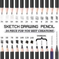 Sketching Pencil Set - 24 Pieces Drawing Sketch Pencil HB,B,2B,3B,4B,5B,6B,7B,8B,10B,12B,14B,H,2H,3H,4H,5H,6H,7H, Includes Charcoal, Eraser, Graphite Pencils for Beginners & Pro Artists - Arteztik