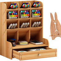 Marbrasse - organizador de escritorio de madera, multifuncional, caja de soporte para bolígrafos, papelería de escritorio, fácil de montar, estante de almacenamiento para suministros de oficina en casa-oficina con cajón - Arteztik
