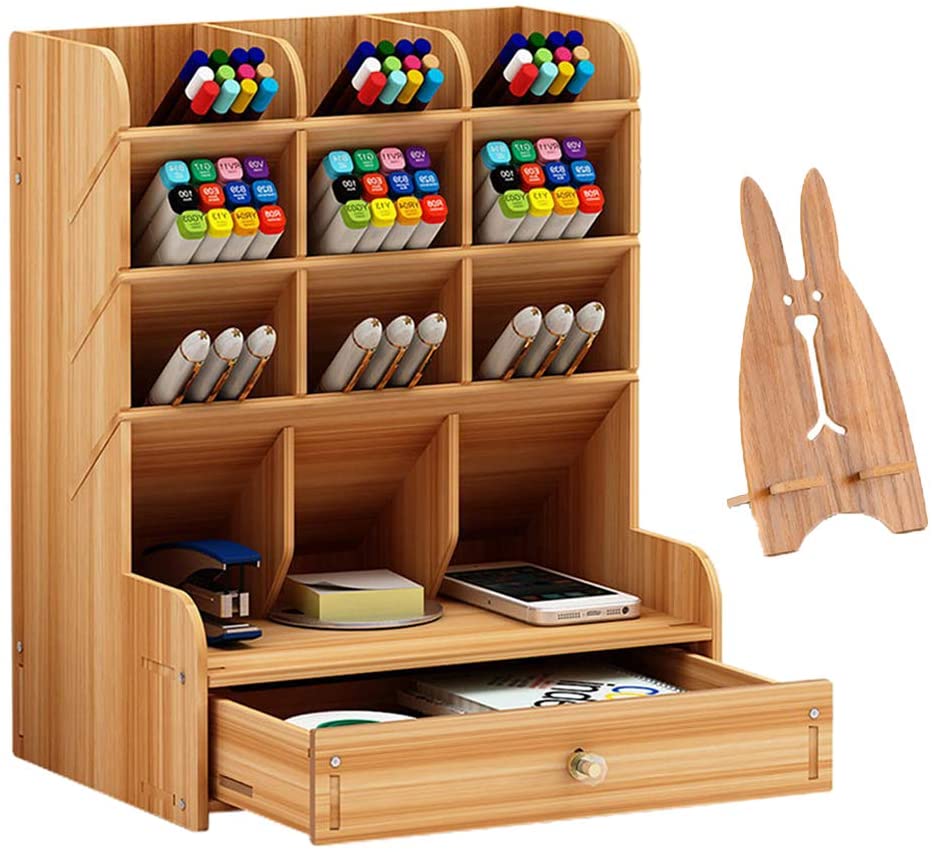 FITUEYES Organizador de escritorio de madera, organizador de escritorio de  oficina negro y accesorios con 6 compartimentos para bolígrafos, carpetas