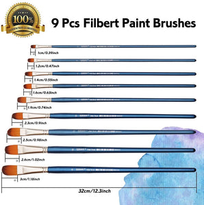 Filbert - Juego de pinceles de pintura, 9 unidades, pinceles profesionales para pintura acrílica de acuarela, pinceles de mango largo, pelo de nailon - Arteztik