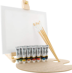 US Art Supply® Juego de caballete de mesa de estudio de madera y caja de pintura con 12 colores de pintura, paneles de lienzo, pinceles, paleta de plástico (kit de pintura de aceite) - Arteztik
