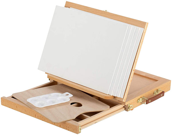 Magicfly Caballete de mesa de madera para pintar, caballete de escritorio ajustable con cajón de almacenamiento, 5 lienzos y 1 paleta de pintura, madera de haya, caballete de artista portátil, caballete de madera para dibujar - Arteztik