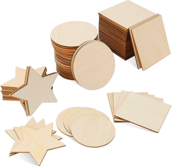 ANWING 100 piezas de madera rebanadas de 3.9 in de madera sin terminar en blanco recortes cuadrados círculos estrellas puerta colgador para bricolaje manualidades puerta diseño pintura tinción quema posavasos - Arteztik