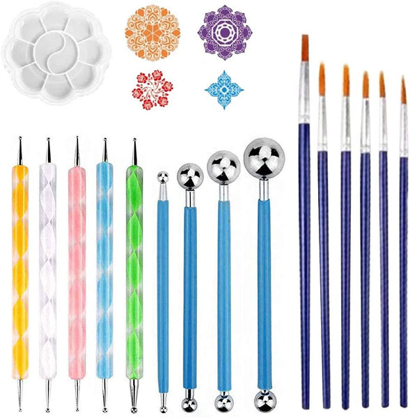 Xergur Mandala - Juego de herramientas para puntear, 20 unidades, plantilla de mandala, plantilla de mandala, lápiz capacitivo y bandeja de pintura, juego de herramientas para dibujar, papel de transferencia, arcilla para manualidades - Arteztik