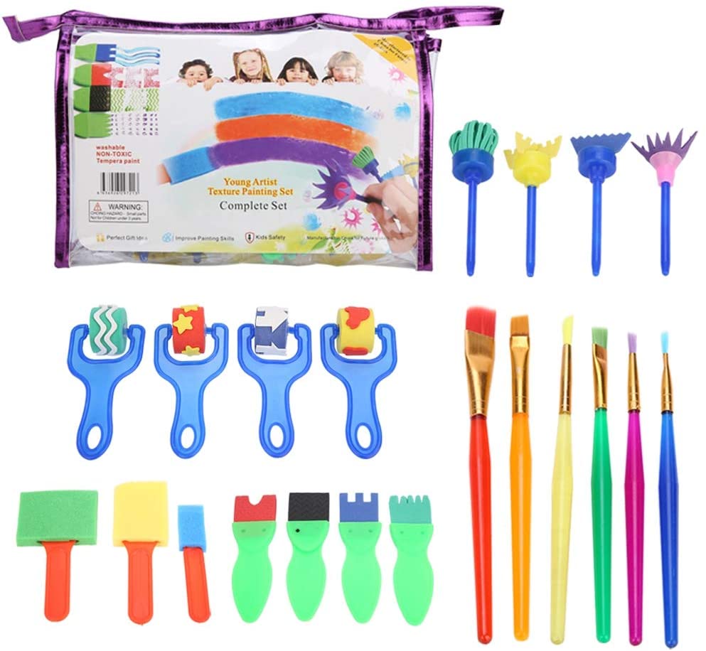 Kit de 26 brochas de pintura de esponja para niños, juego de pinceles