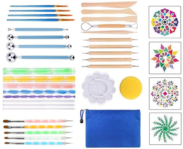 Mandala - Juego de herramientas para puntear y plantillas para pintar rocas, pintura de piedra, mandalas y arcilla con una bolsa de almacenamiento impermeable con cremallera azul para adultos - Arteztik