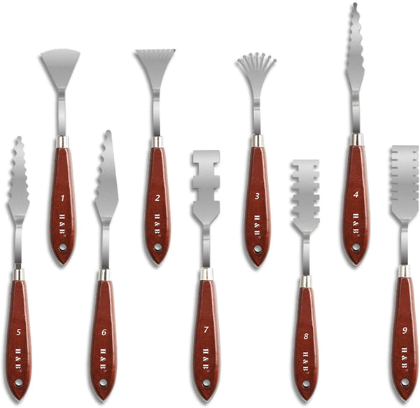 H & B Juego de 9 cuchillos de pintura – Versátil juego de cuchillos de paleta de acero inoxidable y madera para mezclar pinturas, aplicaciones de pintura gruesa y más - Arteztik