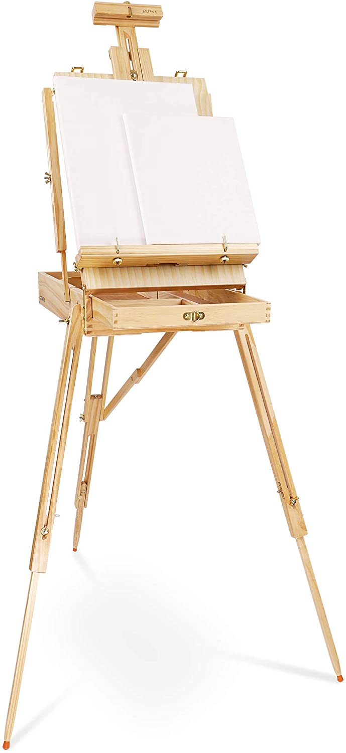 Artina caballete de escritorio Miami - caballete de mesa de madera portátil y plegable con paleta de madera y estuche para lienzo de hasta 33,8