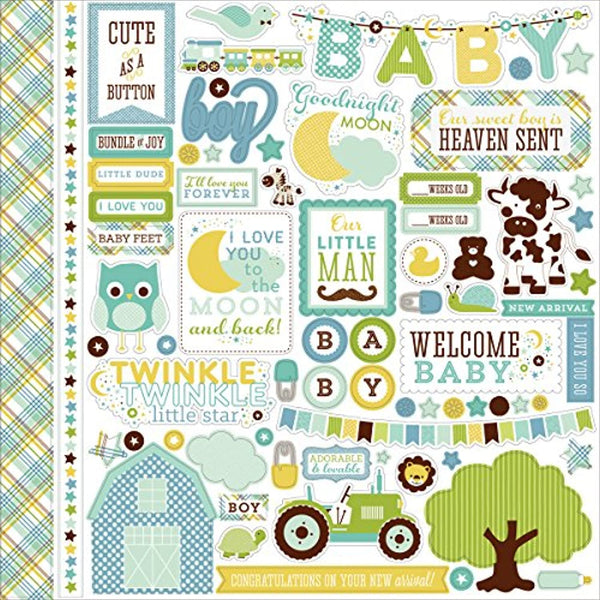 Echo Park Paper Bundle de Alegría/una nueva adición Baby Boy Elemento cartulina pegatinas, 12