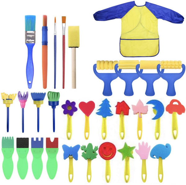 Halloluck - Kit de pintura para niños, kit de herramientas para aprender temprano a pintar con esponja, 31 piezas de pinceles con patrón de flores, juego de pinceles, delantal impermeable de manga larga - Arteztik