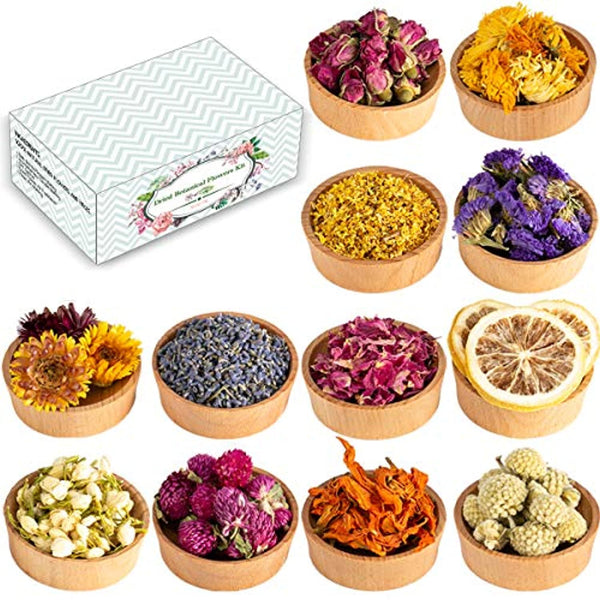 Flores secas, paquete de 12 hierbas de flores secas naturales para baño, bomba, jabón, resina, fabricación de velas, incluye pétalos de rosa, palisandros, lavanda, flores de jazmín, lirio, rodaja de limón y más - Arteztik