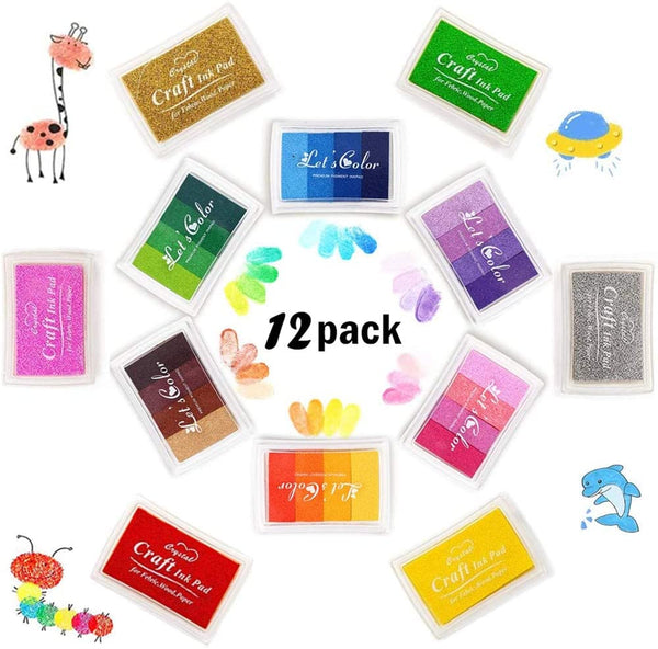 Craft Rainbow - Almohadillas de tinta para dedos (12 unidades, 26 colores para sellos, color dorado, plateado, rojo, rosa, morado, verde, azul) - Arteztik