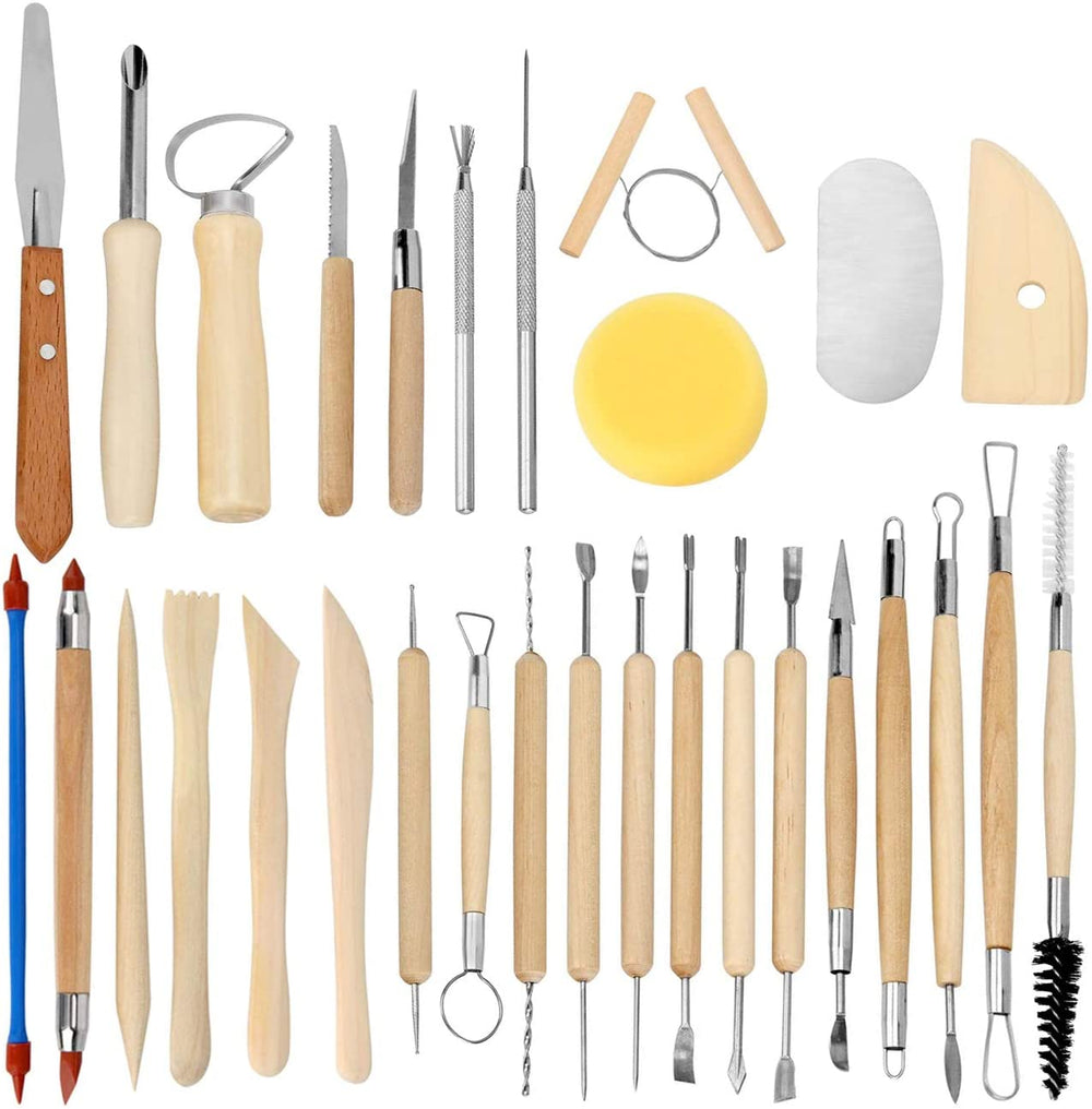 Blisstime Juego de 30 herramientas para esculpir arcilla. Juego de herramientas con mango de madera, para tallar, para alfarería. - Arteztik