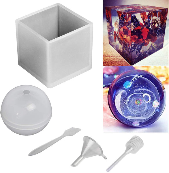 Moldes epoxi de resina de polímero – Juego de 2 formas de silicona – Cube/Esfera – Crea tus propios objetos transparentes o opacos – Fácil de quitar después de la moldura – suave, duradero, reutilizable - Arteztik