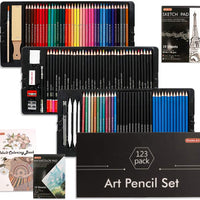 Shuttle Art Juego de 123 lápices artísticos, 36 lápices de acuarela, 36 lápices a base de aceite, 12 lápices de dibujo, 12 lápices de color metálico, 12 lápices de carbón, 15 piezas kit de dibujo, gran regalo para niños adultos - Arteztik