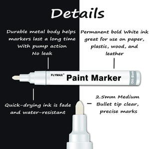 Rotuladores de pintura blanca, 6 unidades de 0.098 in, punta media, marcador de pintura blanca permanente para madera, roca, plástico, piel, cristal, piedra, metal, tela, cerámica, tela, neumático, marcador de pintura a base de aceite - Arteztik