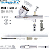 Master Airbrush G233-SET Multi-Master Performance G233 Pro Set de aerógrafo de doble acción con alimentación por gravedad con 3 boquillas (0,2, 0,3 y 0,5 milímetros), taza de 1/3 onzas y mango cortado. - Arteztik