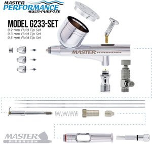 Master Airbrush G233-SET Multi-Master Performance G233 Pro Set de aerógrafo de doble acción con alimentación por gravedad con 3 boquillas (0,2, 0,3 y 0,5 milímetros), taza de 1/3 onzas y mango cortado. - Arteztik