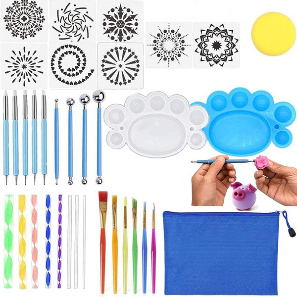 Juego de 35 herramientas de punteado de mandala con una bolsa de almacenamiento con cremallera para pintar rocas, arte de dibujo y suministros de arte de mandala. - Arteztik