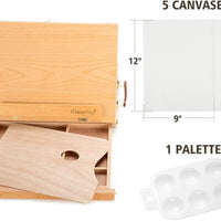 Magicfly Caballete de mesa de madera para pintar, caballete de escritorio ajustable con cajón de almacenamiento, 5 lienzos y 1 paleta de pintura, madera de haya, caballete de artista portátil, caballete de madera para dibujar - Arteztik