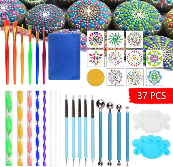 Juego de herramientas de punteado de mandala de 37 piezas, juego de plantillas con una bolsa de almacenamiento impermeable con cremallera azul para pintura de roca, dibujo y decoración de uñas - Arteztik