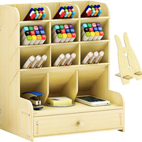 Marbrasse - organizador de escritorio de madera, multifuncional, caja de soporte para bolígrafos, papelería de escritorio, fácil de montar, estante de almacenamiento para suministros de oficina en casa-oficina con cajón - Arteztik