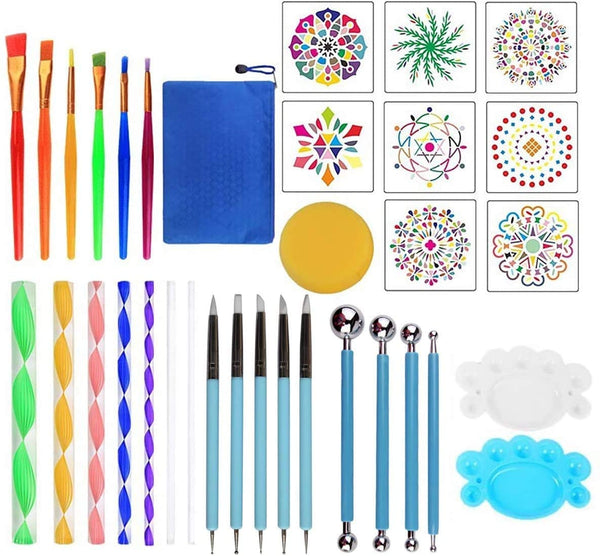 Juego de 35 herramientas de punteado de mandala con una bolsa de almacenamiento impermeable para pintar rocas para colorear dibujo, bricolaje, arte de uñas, arcilla de cerámica, modelado - Arteztik