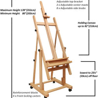 Caballete de estudio con marco en H, muy resistente, versátil, de madera de haya maciza para artista, caballete de pintura ajustable, móvil e inclinable, disponible - Arteztik