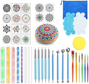 Mandala Dotting Tools, Polarhawk 35 piezas de herramientas de punteo, plantillas de pintura, kits de herramientas de pintura, pinceles, bandeja de pintura para principiantes, pintura, mandalas, rocas - Arteztik