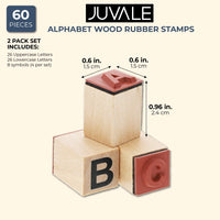 Juvale Alphabet - Sellos de goma de madera, letras superiores e inferiores con símbolos, 60 unidades - Arteztik