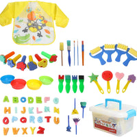Lumsburry 59 esponjas de aprendizaje temprano para niños, kit de mini pinceles de pintura con 26 alfabetos ingleses, herramientas de dibujo (con delantal y caja) - Arteztik